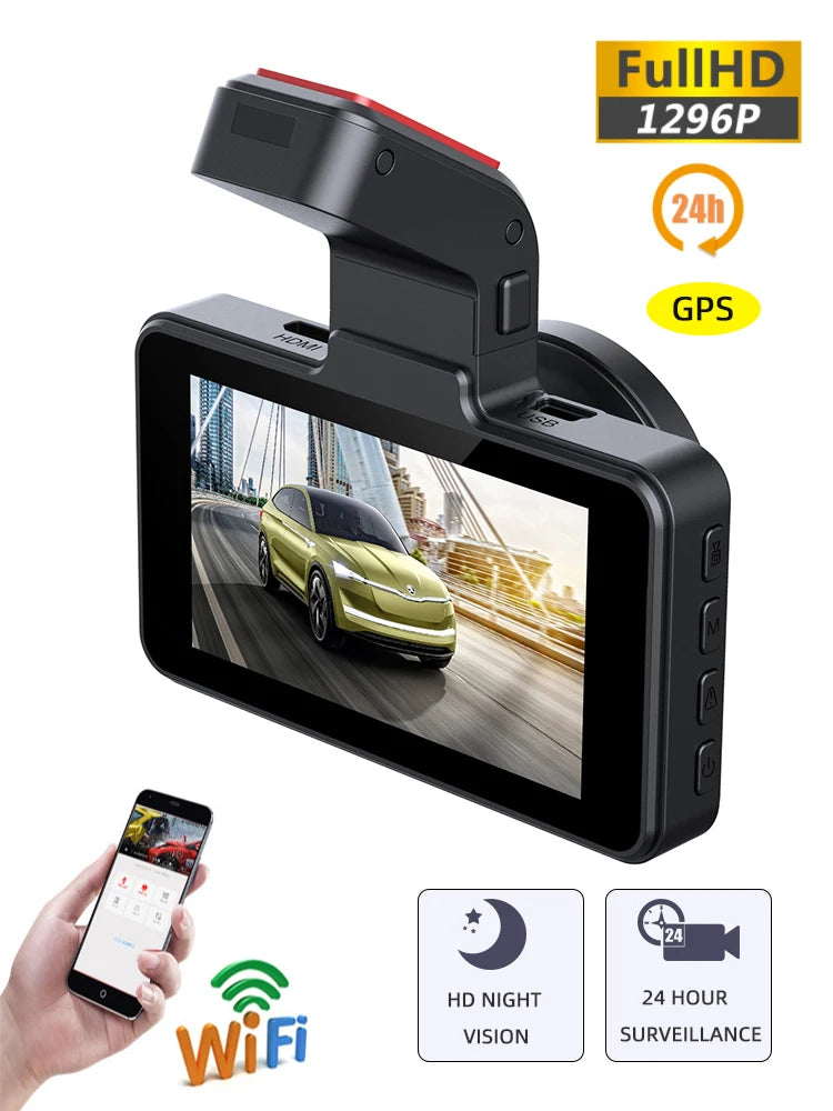 Dash Cam Car DVR 24H HD 1296P  Camera Dual Lens Video Recorder  Black Box Cycle Dashcam Built in GPS With WiFi G-Sensor